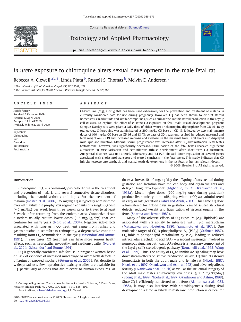 In utero exposure to chloroquine alters sexual development in the male fetal rat