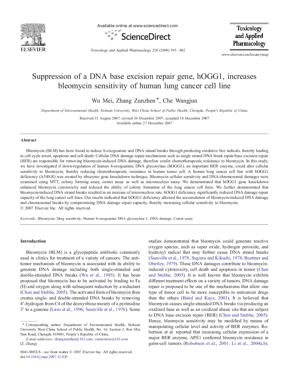 Suppression of a DNA base excision repair gene, hOGG1, increases bleomycin sensitivity of human lung cancer cell line