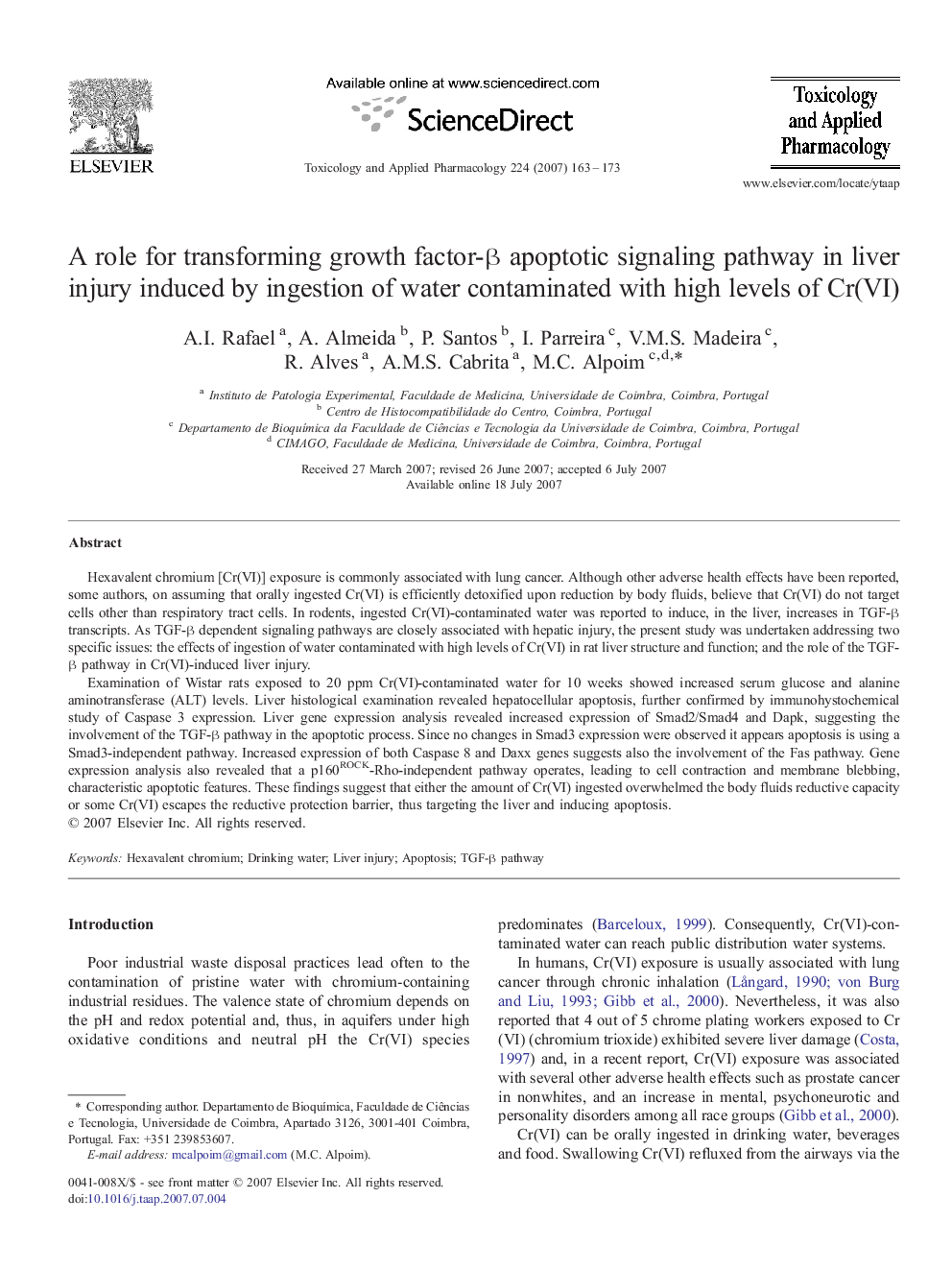 A role for transforming growth factor-β apoptotic signaling pathway in liver injury induced by ingestion of water contaminated with high levels of Cr(VI)