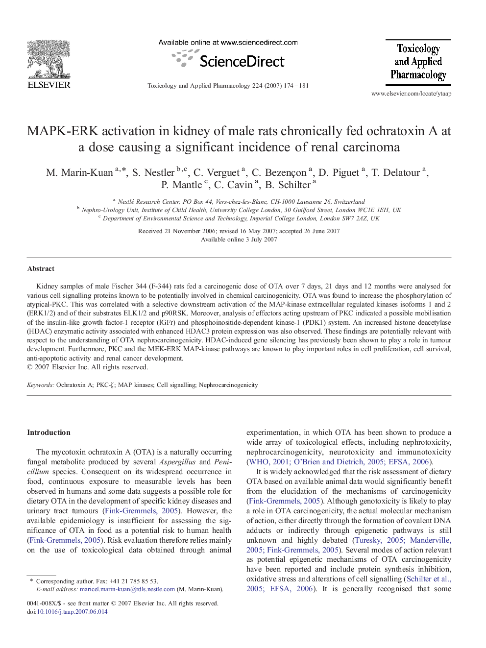 MAPK-ERK activation in kidney of male rats chronically fed ochratoxin A at a dose causing a significant incidence of renal carcinoma