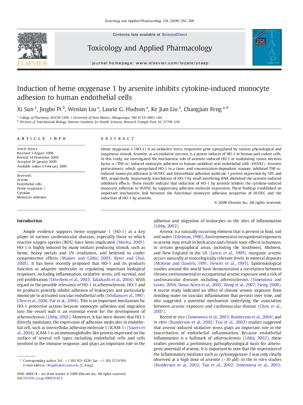 Induction of heme oxygenase 1 by arsenite inhibits cytokine-induced monocyte adhesion to human endothelial cells