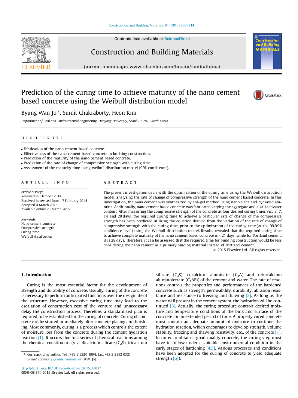 Prediction of the curing time to achieve maturity of the nano cement based concrete using the Weibull distribution model