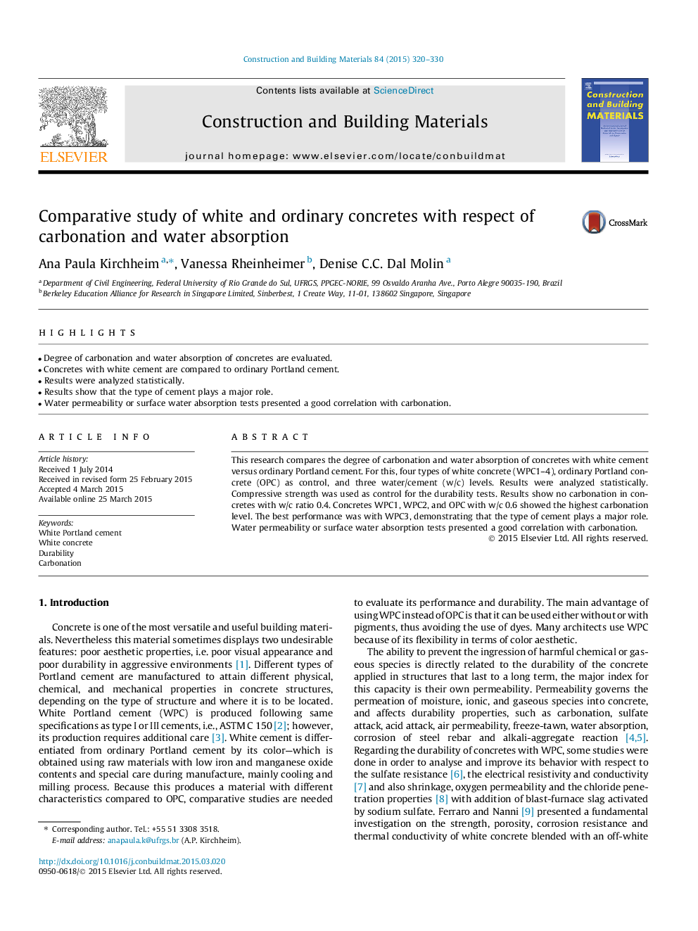 Comparative study of white and ordinary concretes with respect of carbonation and water absorption