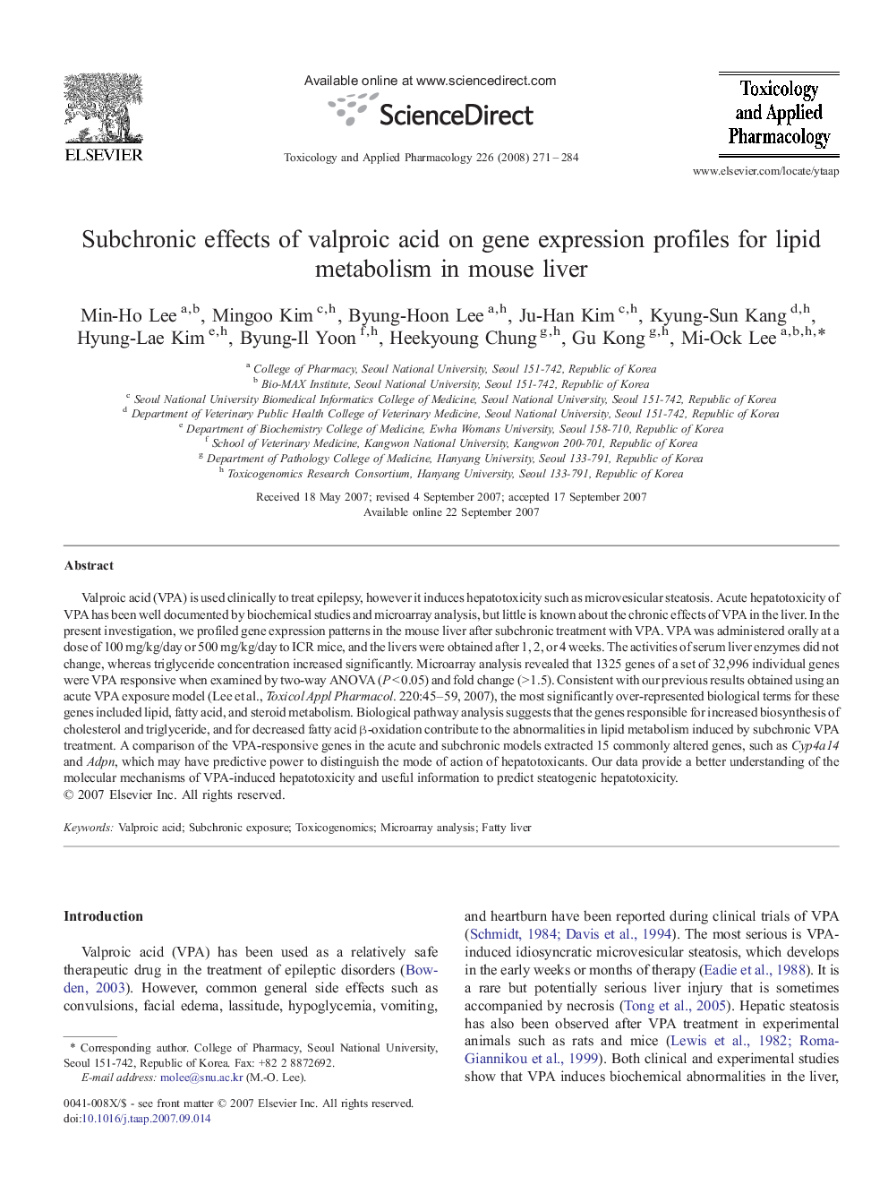 Subchronic effects of valproic acid on gene expression profiles for lipid metabolism in mouse liver