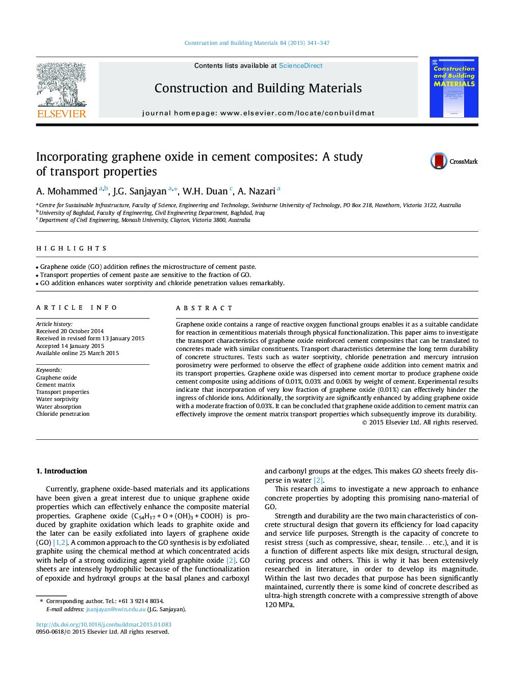 Incorporating graphene oxide in cement composites: A study of transport properties