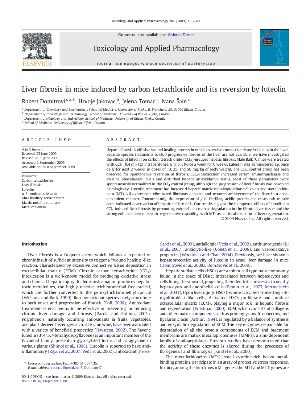 Liver fibrosis in mice induced by carbon tetrachloride and its reversion by luteolin