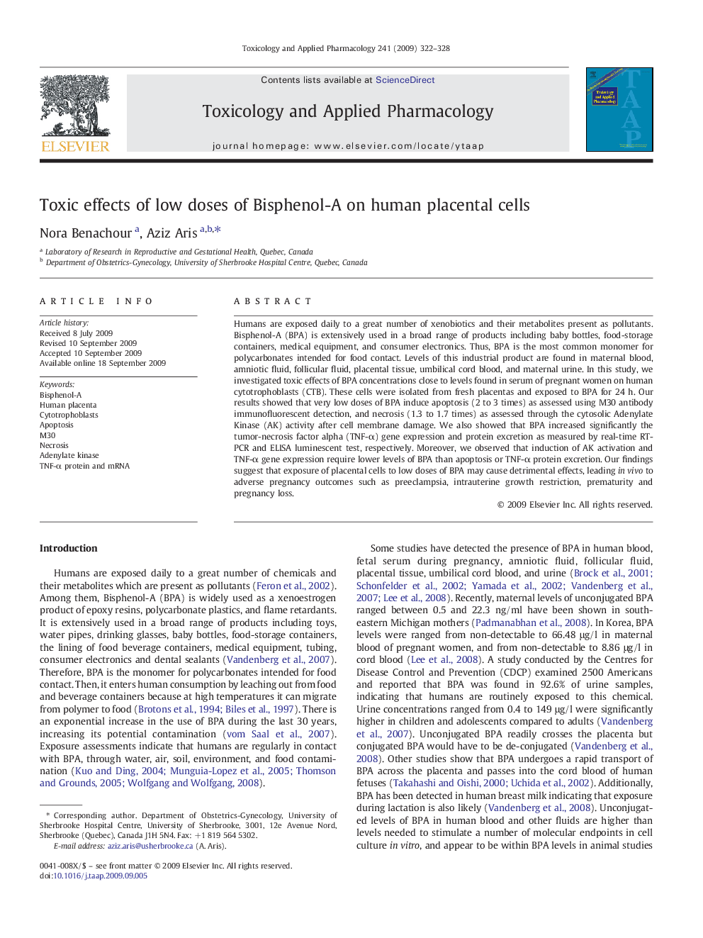 Toxic effects of low doses of Bisphenol-A on human placental cells