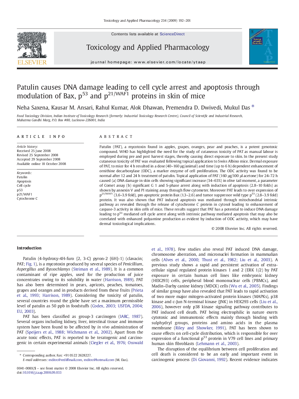 Patulin causes DNA damage leading to cell cycle arrest and apoptosis through modulation of Bax, p53 and p21/WAF1 proteins in skin of mice