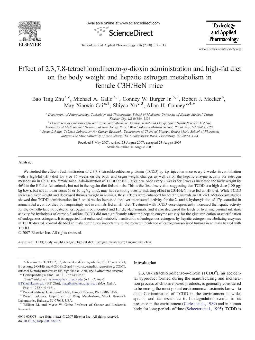 Effect of 2,3,7,8-tetrachlorodibenzo-p-dioxin administration and high-fat diet on the body weight and hepatic estrogen metabolism in female C3H/HeN mice