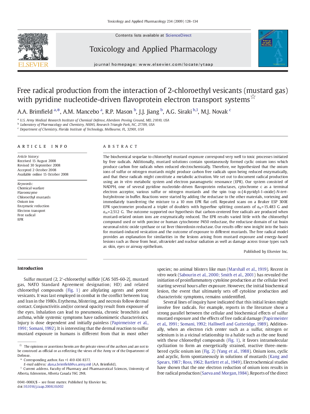 Free radical production from the interaction of 2-chloroethyl vesicants (mustard gas) with pyridine nucleotide-driven flavoprotein electron transport systems