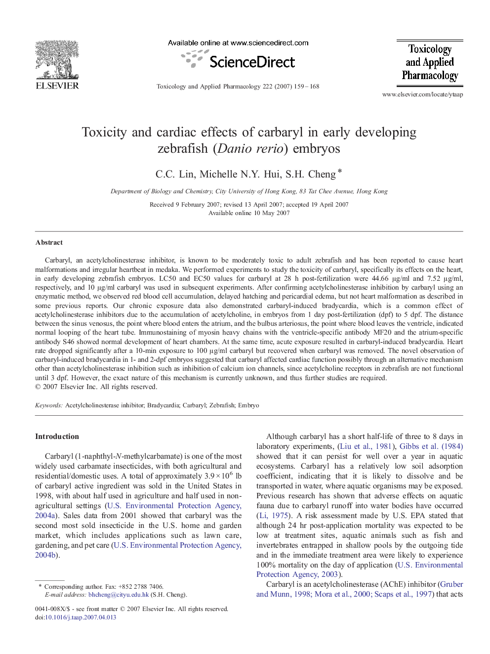Toxicity and cardiac effects of carbaryl in early developing zebrafish (Danio rerio) embryos