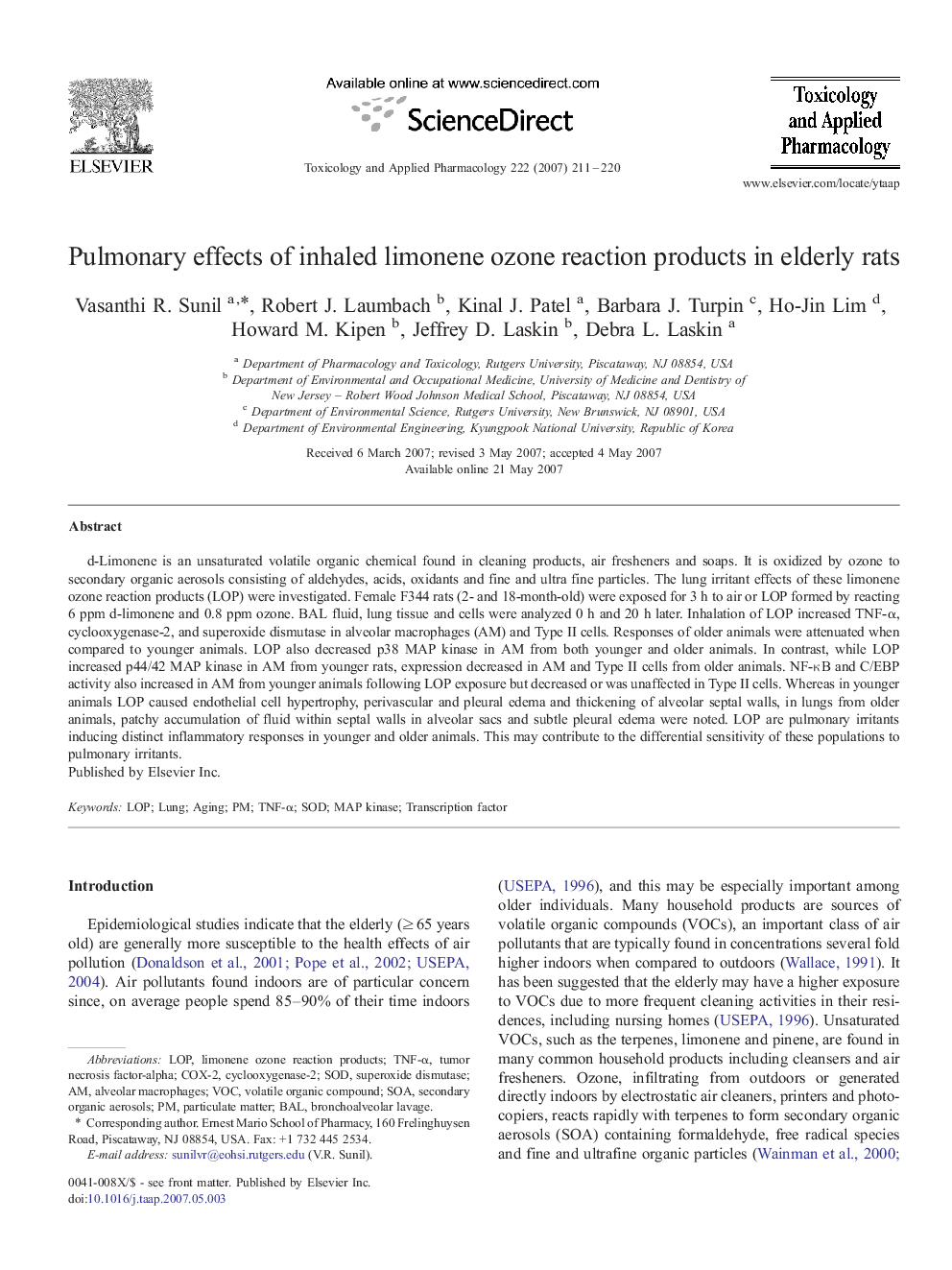 Pulmonary effects of inhaled limonene ozone reaction products in elderly rats