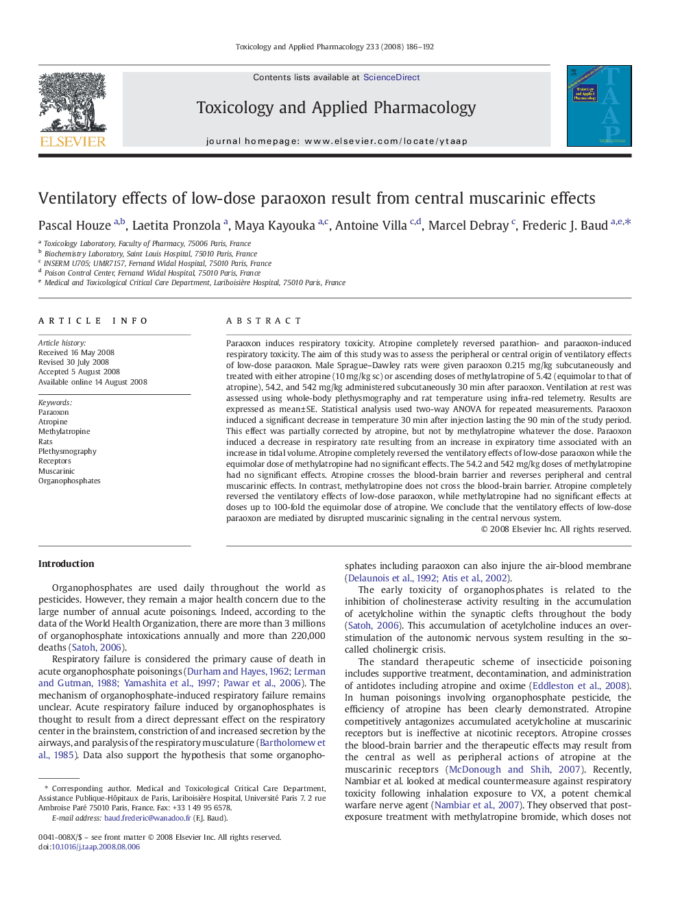 Ventilatory effects of low-dose paraoxon result from central muscarinic effects