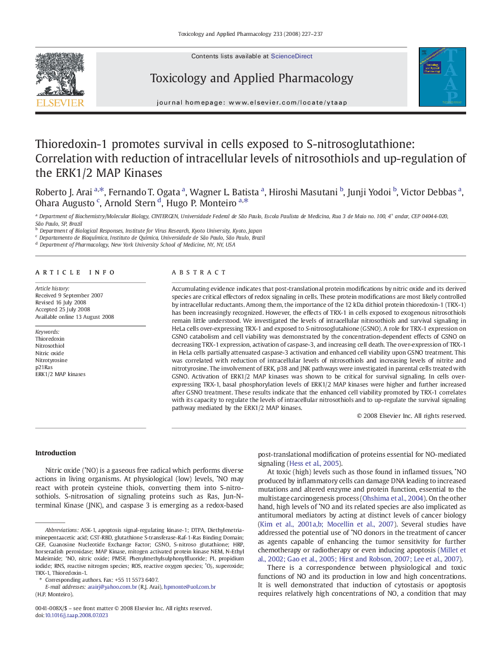 Thioredoxin-1 promotes survival in cells exposed to S-nitrosoglutathione: Correlation with reduction of intracellular levels of nitrosothiols and up-regulation of the ERK1/2 MAP Kinases