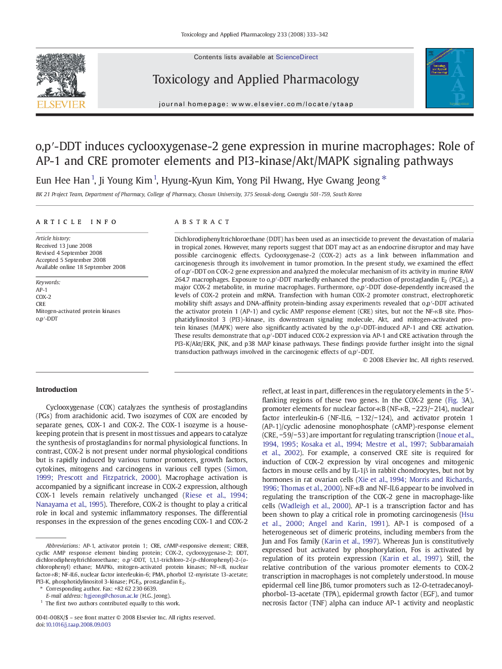 o,p′-DDT induces cyclooxygenase-2 gene expression in murine macrophages: Role of AP-1 and CRE promoter elements and PI3-kinase/Akt/MAPK signaling pathways