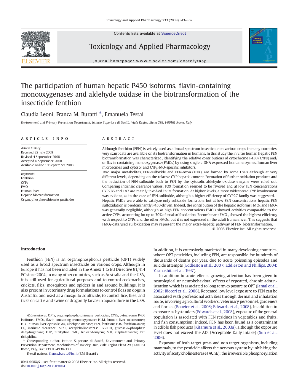 The participation of human hepatic P450 isoforms, flavin-containing monooxygenases and aldehyde oxidase in the biotransformation of the insecticide fenthion