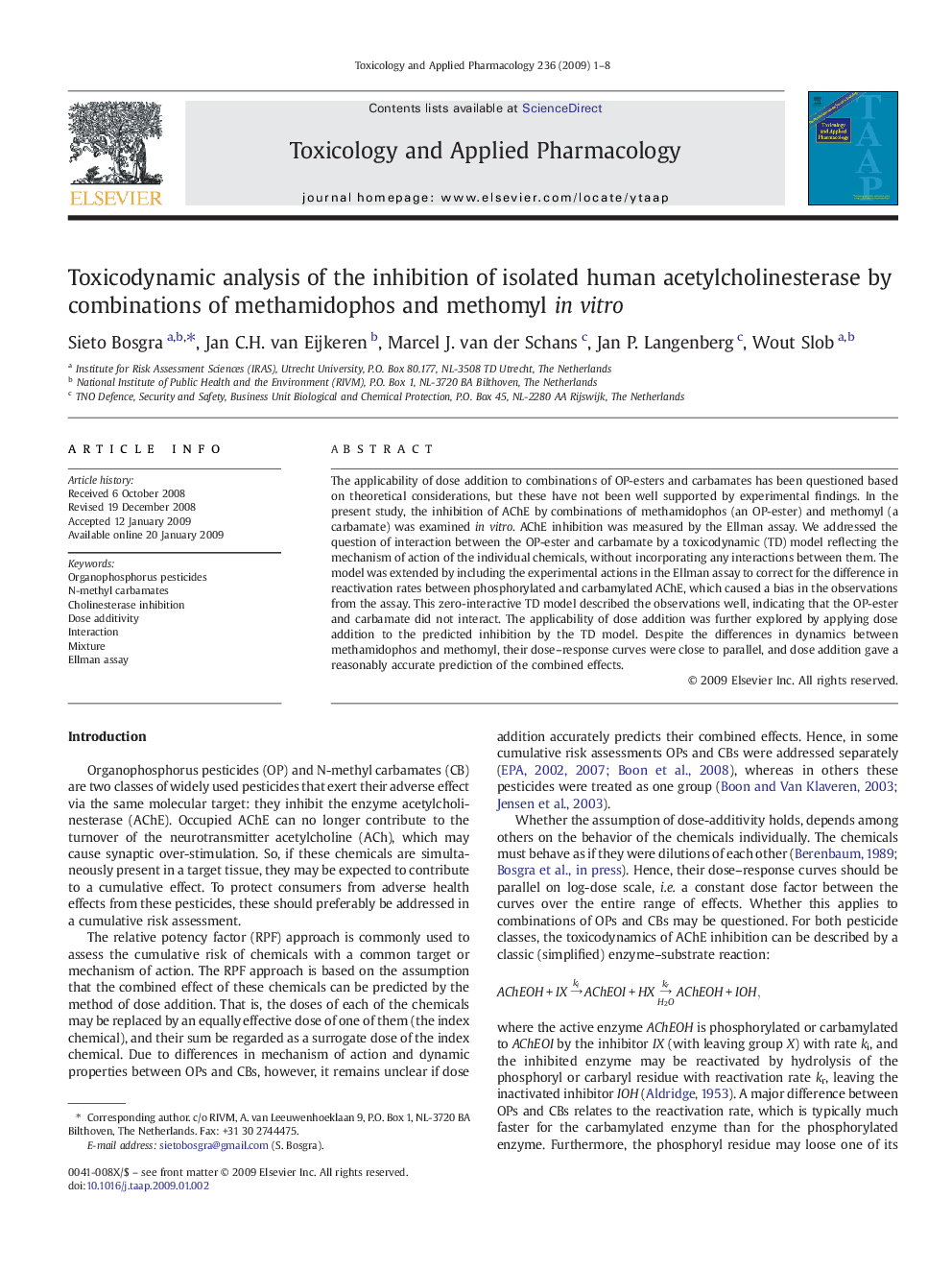 Toxicodynamic analysis of the inhibition of isolated human acetylcholinesterase by combinations of methamidophos and methomyl in vitro