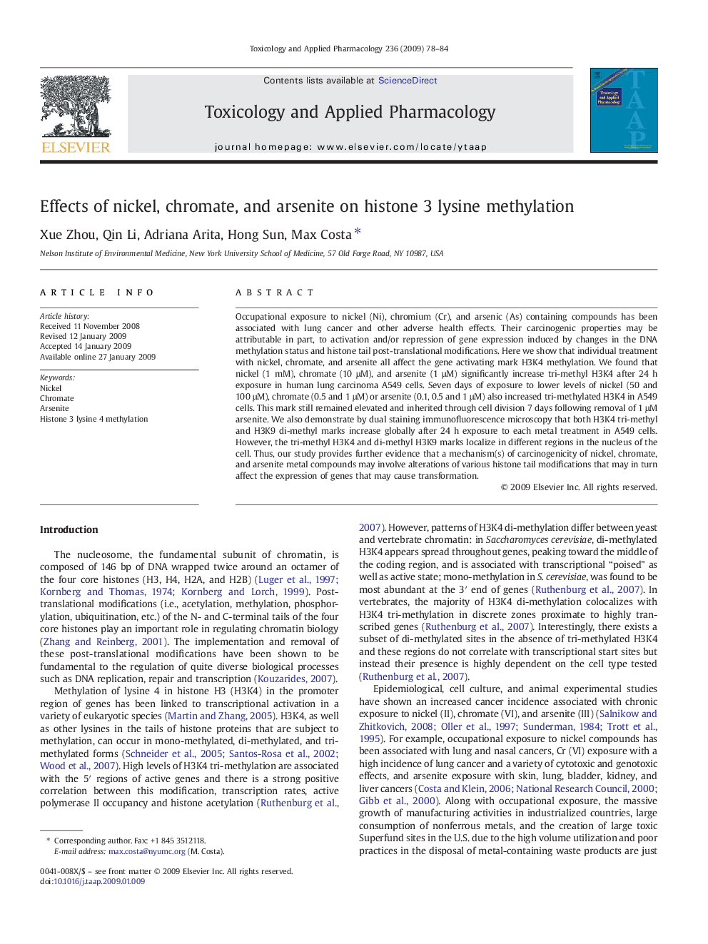 Effects of nickel, chromate, and arsenite on histone 3 lysine methylation