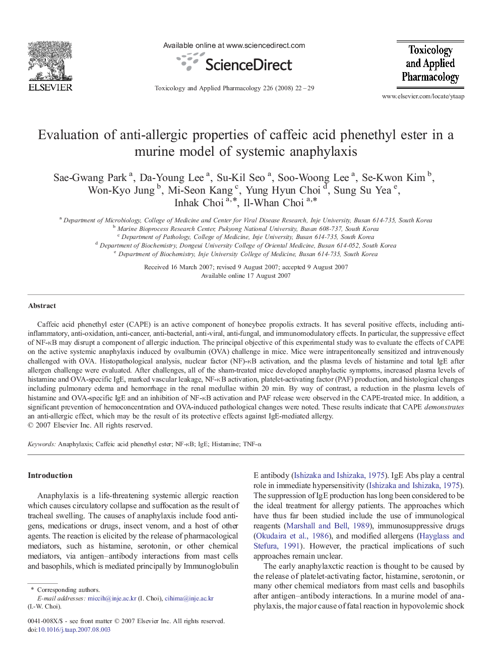 Evaluation of anti-allergic properties of caffeic acid phenethyl ester in a murine model of systemic anaphylaxis