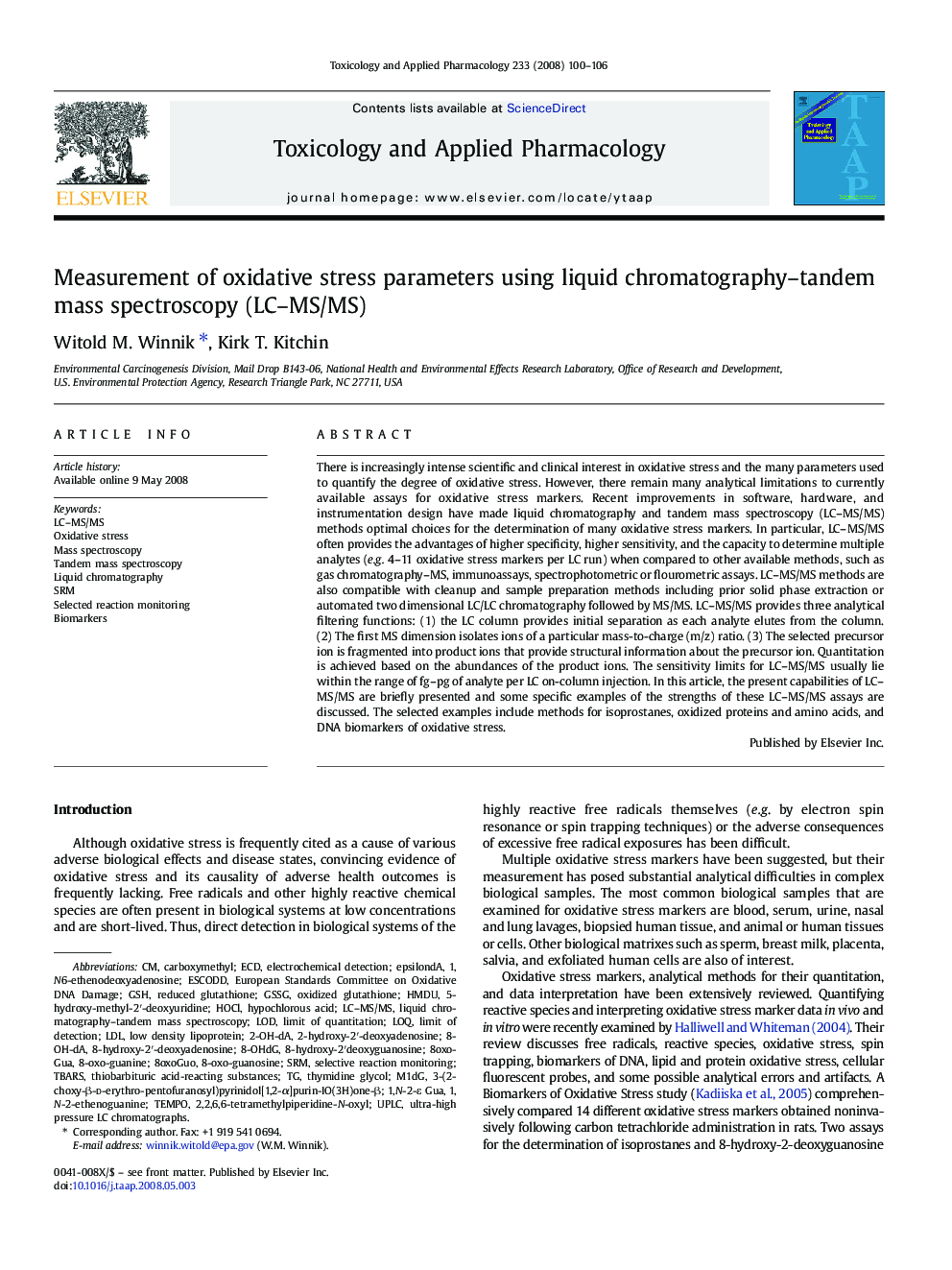 Measurement of oxidative stress parameters using liquid chromatography–tandem mass spectroscopy (LC–MS/MS)