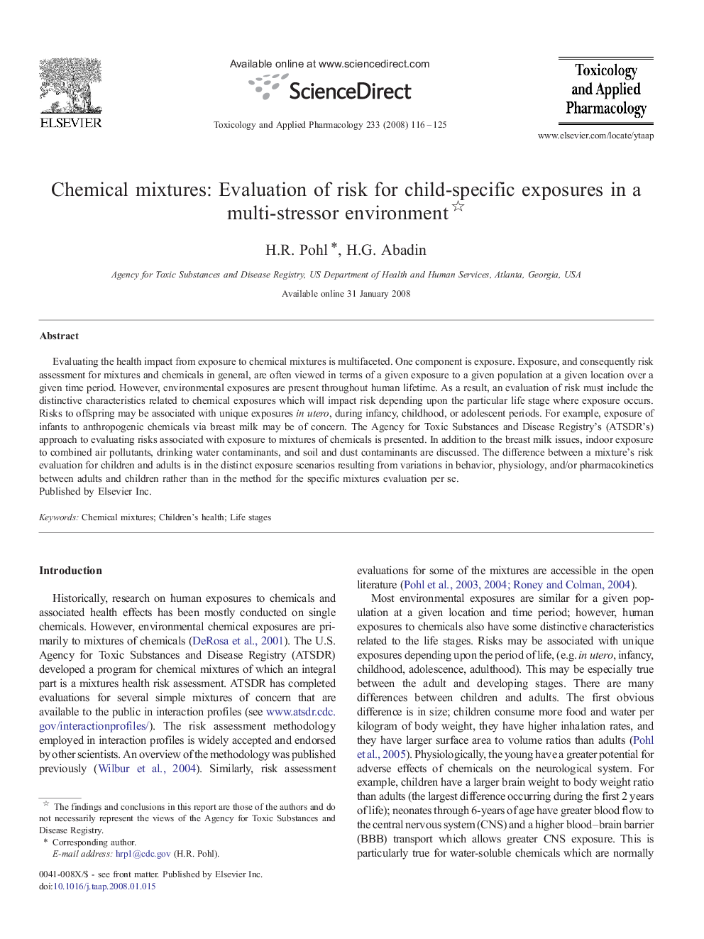 Chemical mixtures: Evaluation of risk for child-specific exposures in a multi-stressor environment