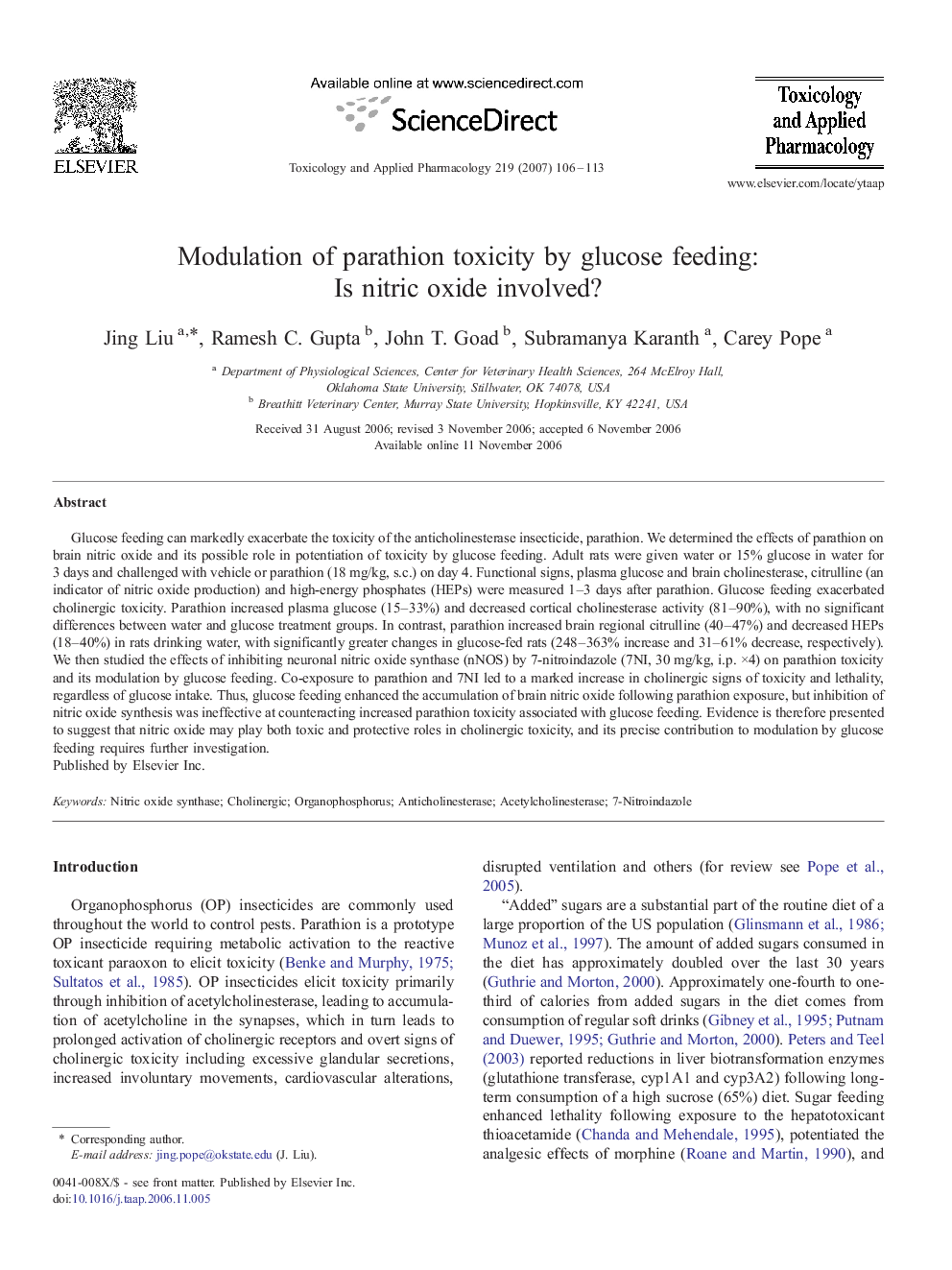 Modulation of parathion toxicity by glucose feeding: Is nitric oxide involved?