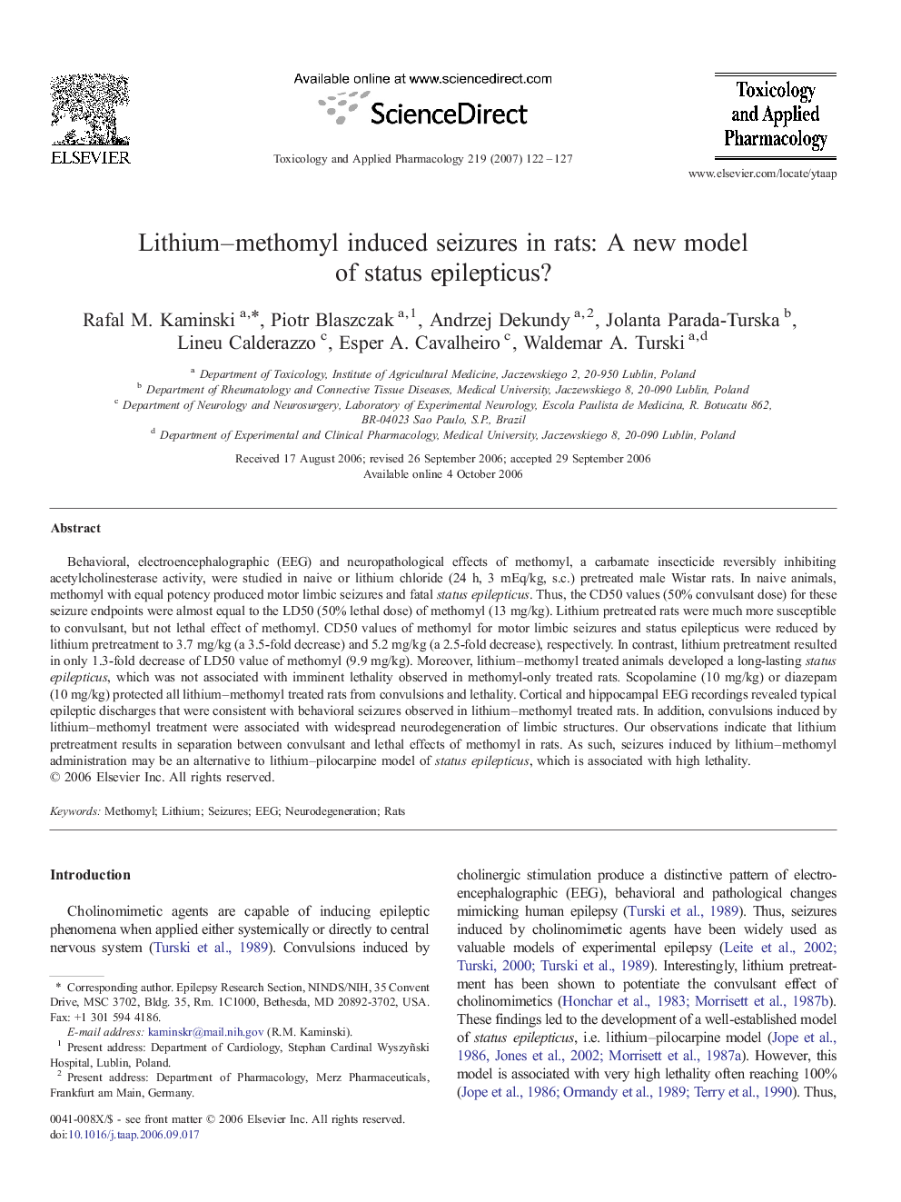 Lithium–methomyl induced seizures in rats: A new model of status epilepticus?