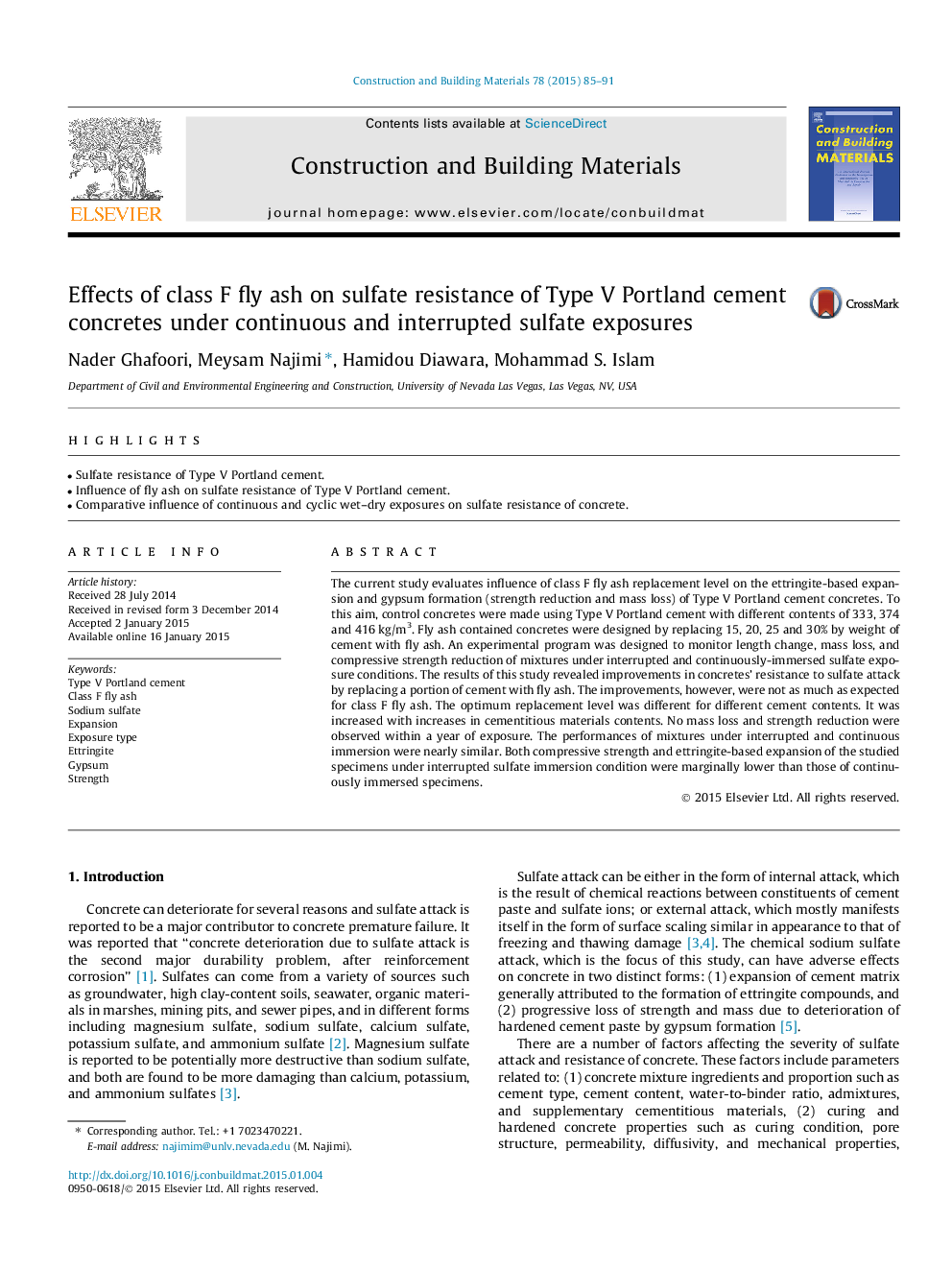 Effects of class F fly ash on sulfate resistance of Type V Portland cement concretes under continuous and interrupted sulfate exposures