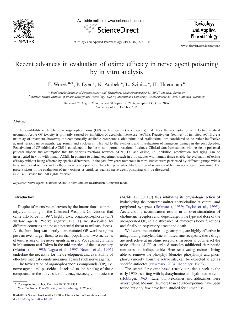 Recent advances in evaluation of oxime efficacy in nerve agent poisoning by in vitro analysis