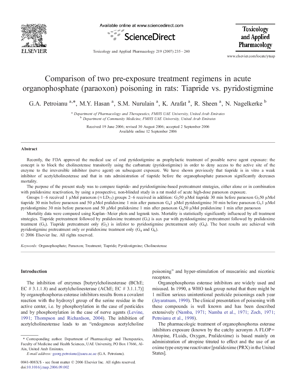Comparison of two pre-exposure treatment regimens in acute organophosphate (paraoxon) poisoning in rats: Tiapride vs. pyridostigmine