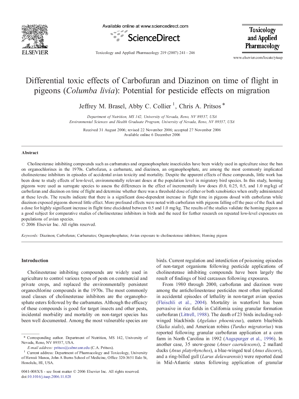 Differential toxic effects of Carbofuran and Diazinon on time of flight in pigeons (Columba livia): Potential for pesticide effects on migration