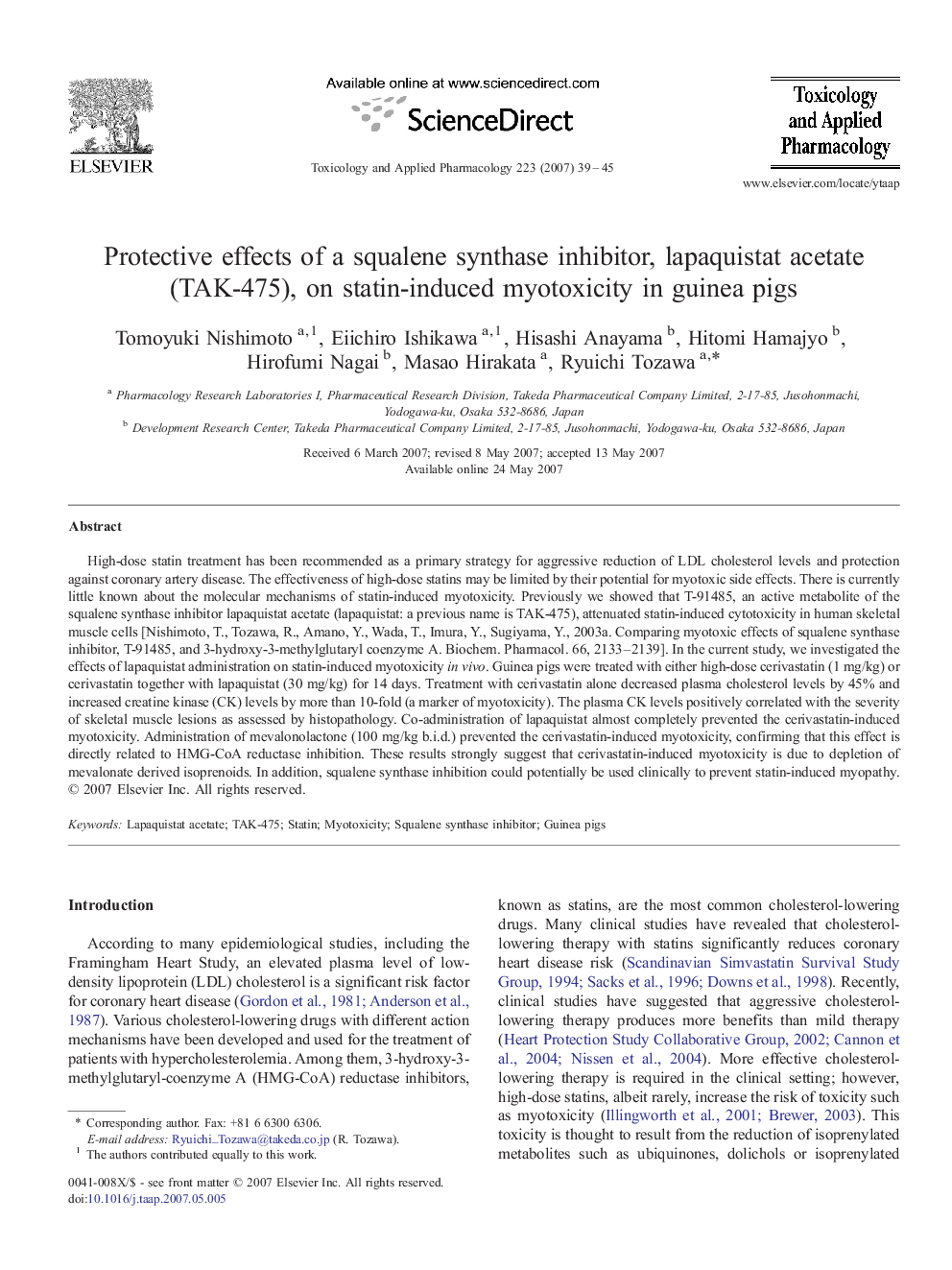 Protective effects of a squalene synthase inhibitor, lapaquistat acetate (TAK-475), on statin-induced myotoxicity in guinea pigs