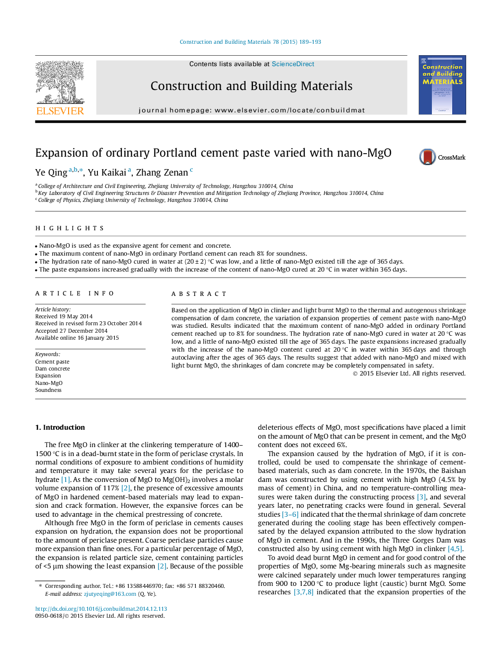 Expansion of ordinary Portland cement paste varied with nano-MgO