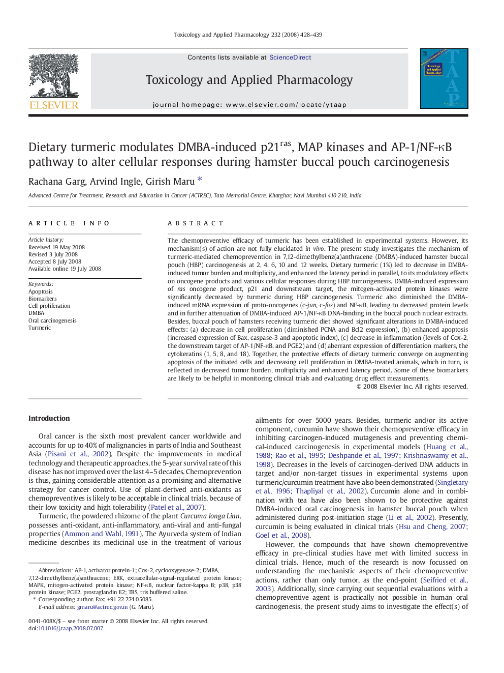 Dietary turmeric modulates DMBA-induced p21ras, MAP kinases and AP-1/NF-κB pathway to alter cellular responses during hamster buccal pouch carcinogenesis