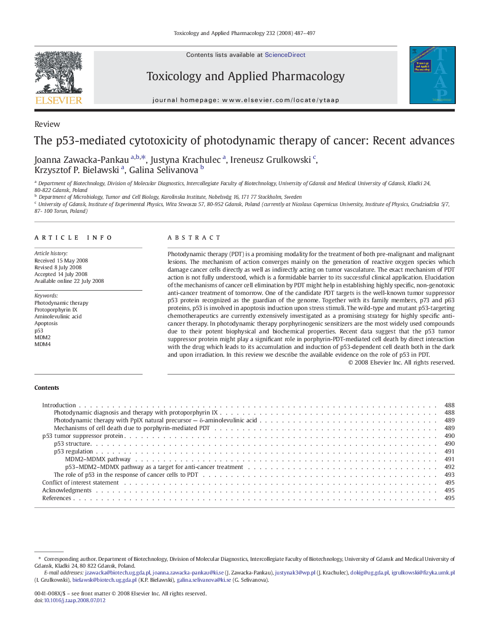 The p53-mediated cytotoxicity of photodynamic therapy of cancer: Recent advances