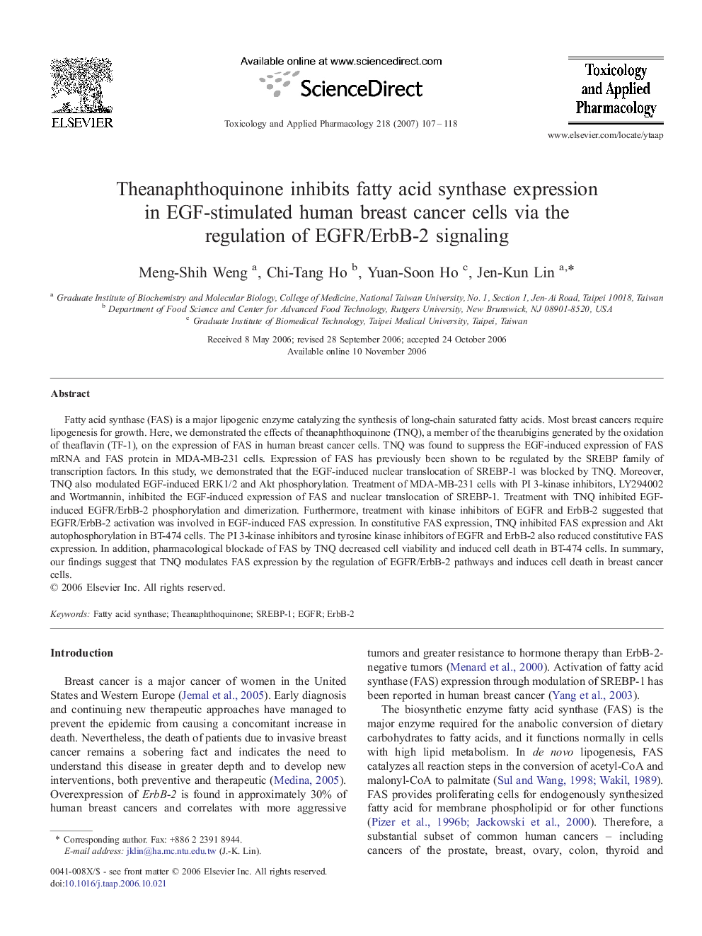 Theanaphthoquinone inhibits fatty acid synthase expression in EGF-stimulated human breast cancer cells via the regulation of EGFR/ErbB-2 signaling