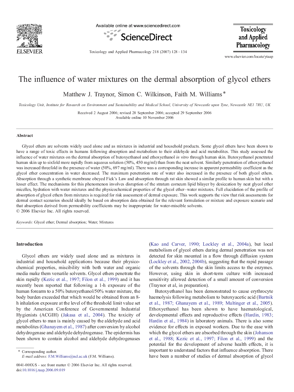 The influence of water mixtures on the dermal absorption of glycol ethers