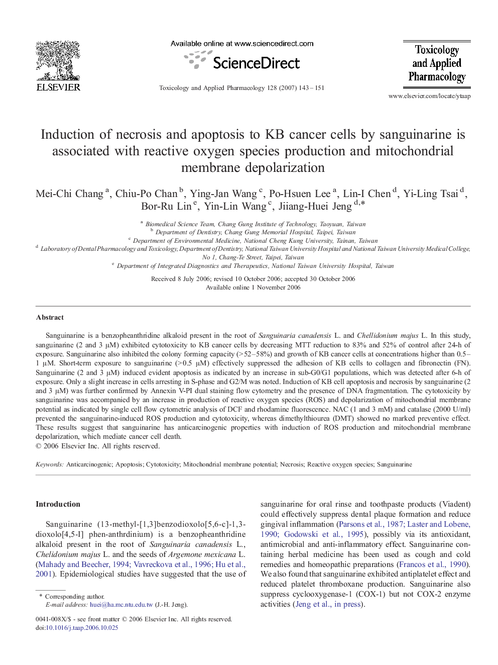 Induction of necrosis and apoptosis to KB cancer cells by sanguinarine is associated with reactive oxygen species production and mitochondrial membrane depolarization