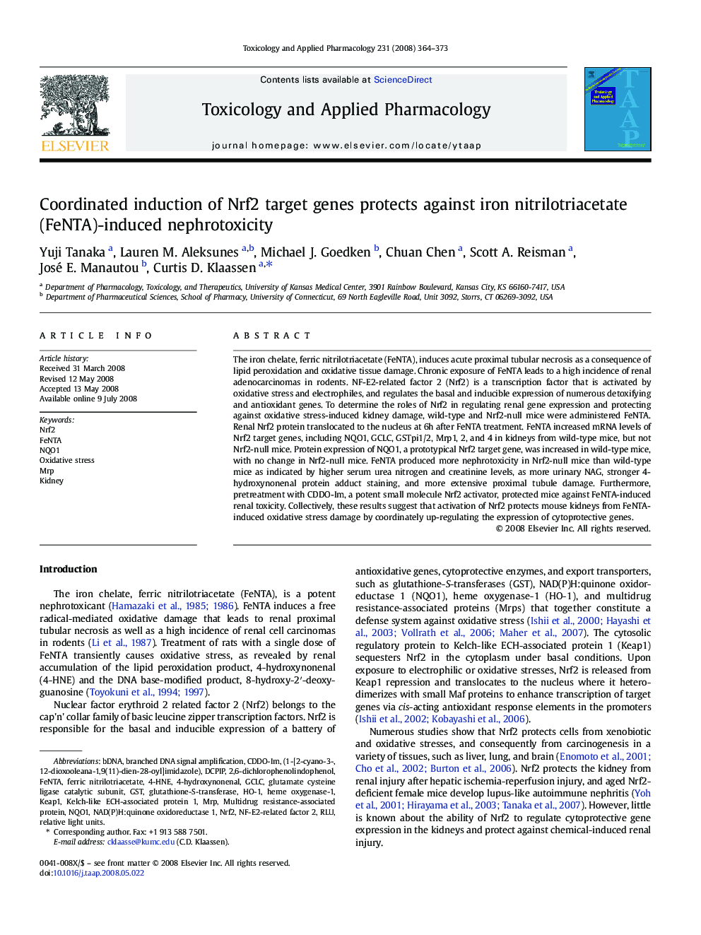 Coordinated induction of Nrf2 target genes protects against iron nitrilotriacetate (FeNTA)-induced nephrotoxicity