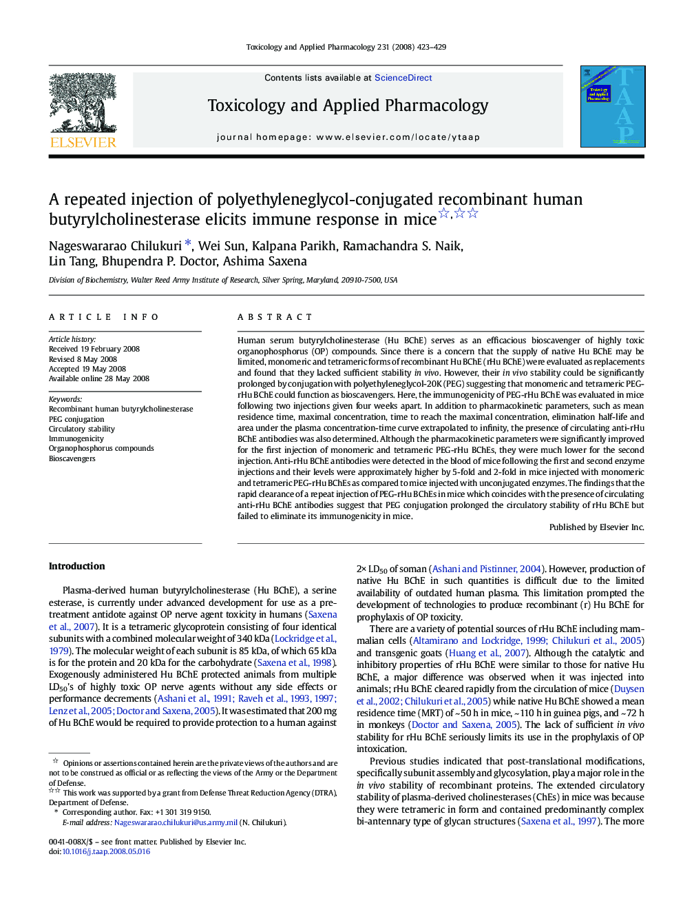 A repeated injection of polyethyleneglycol-conjugated recombinant human butyrylcholinesterase elicits immune response in mice