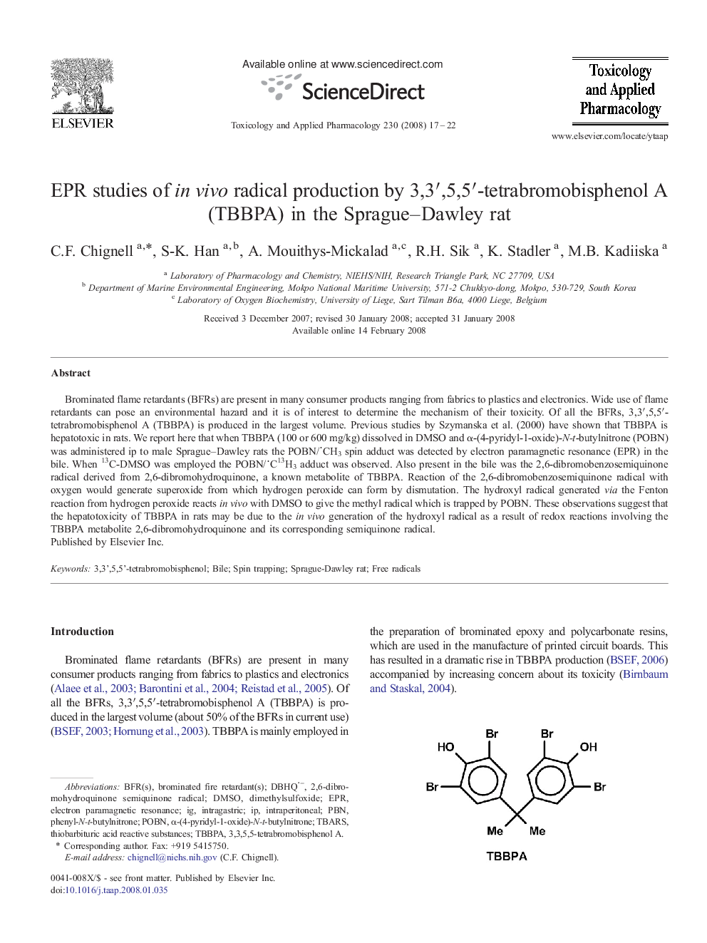 EPR studies of in vivo radical production by 3,3′,5,5′-tetrabromobisphenol A (TBBPA) in the Sprague–Dawley rat