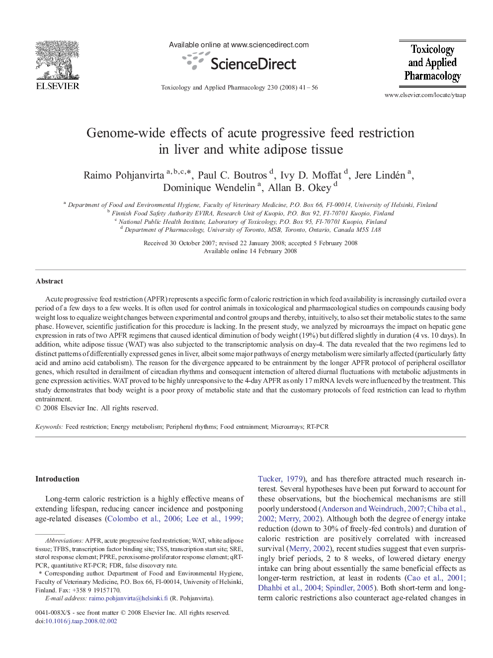 Genome-wide effects of acute progressive feed restriction in liver and white adipose tissue