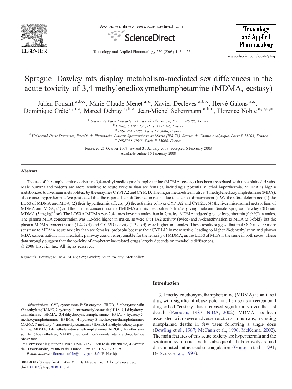 Sprague-Dawley rats display metabolism-mediated sex differences in the acute toxicity of 3,4-methylenedioxymethamphetamine (MDMA, ecstasy)