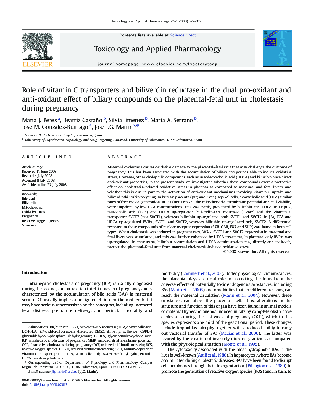 Role of vitamin C transporters and biliverdin reductase in the dual pro-oxidant and anti-oxidant effect of biliary compounds on the placental-fetal unit in cholestasis during pregnancy