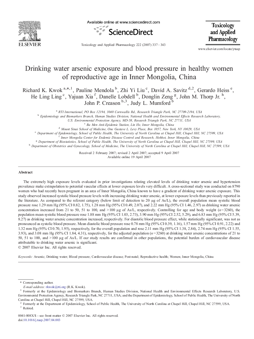 Drinking water arsenic exposure and blood pressure in healthy women of reproductive age in Inner Mongolia, China