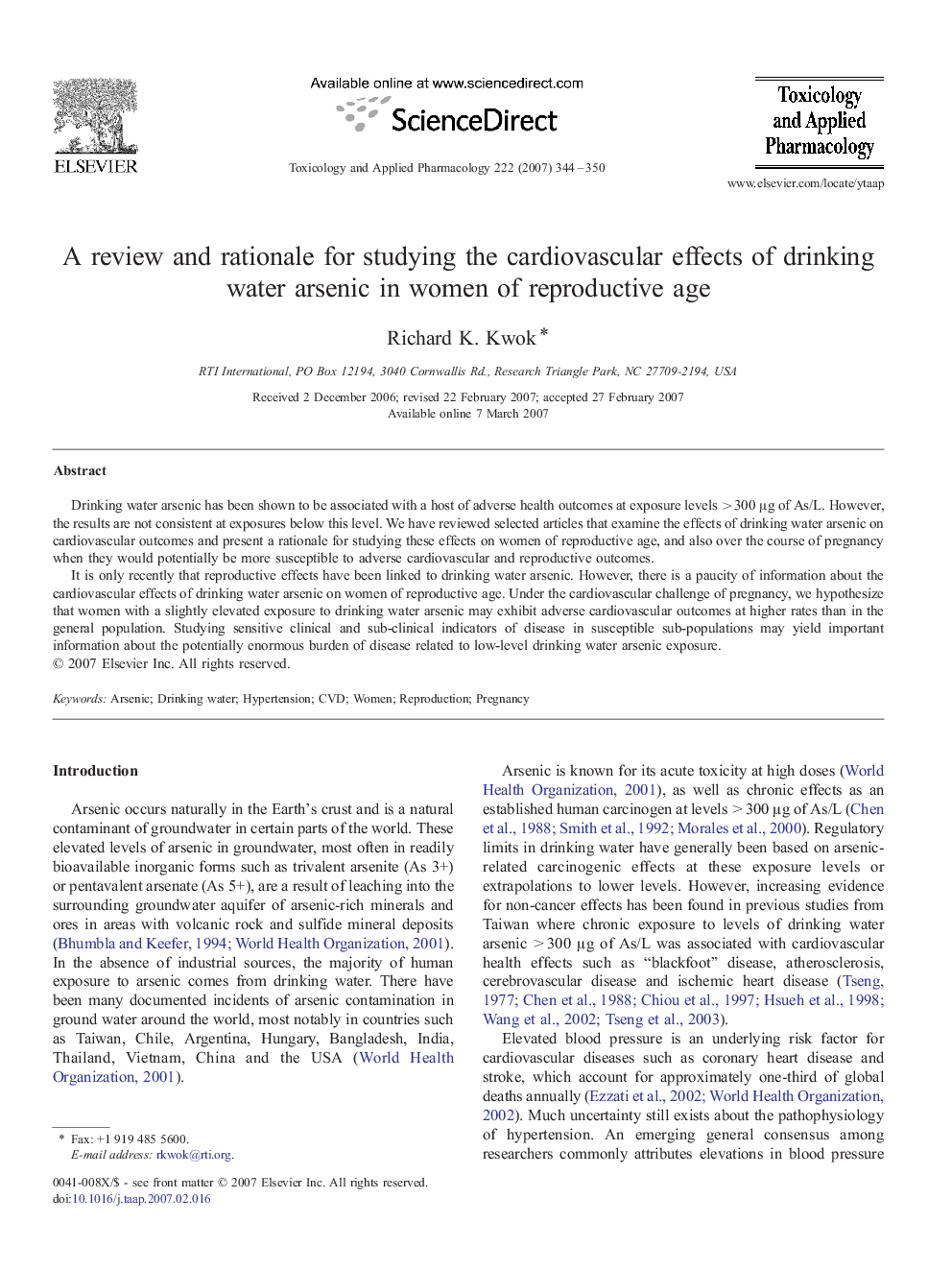 A review and rationale for studying the cardiovascular effects of drinking water arsenic in women of reproductive age