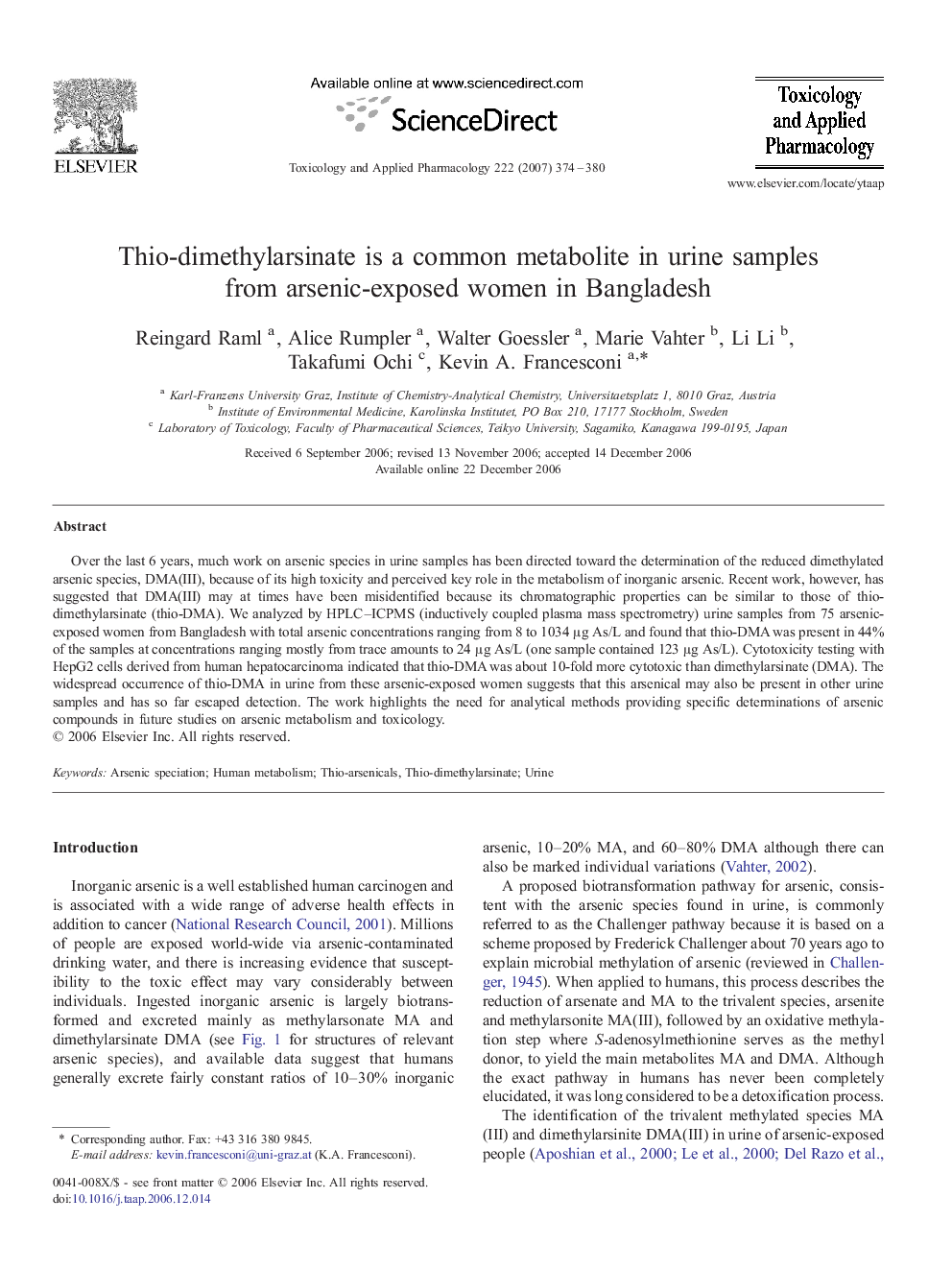 Thio-dimethylarsinate is a common metabolite in urine samples from arsenic-exposed women in Bangladesh