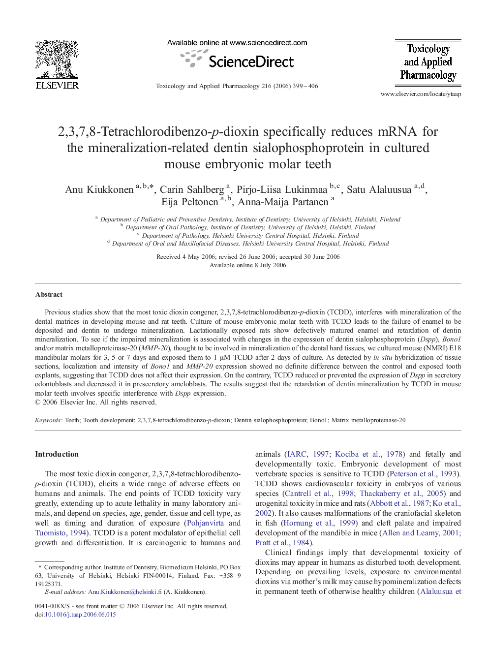 2,3,7,8-Tetrachlorodibenzo-p-dioxin specifically reduces mRNA for the mineralization-related dentin sialophosphoprotein in cultured mouse embryonic molar teeth