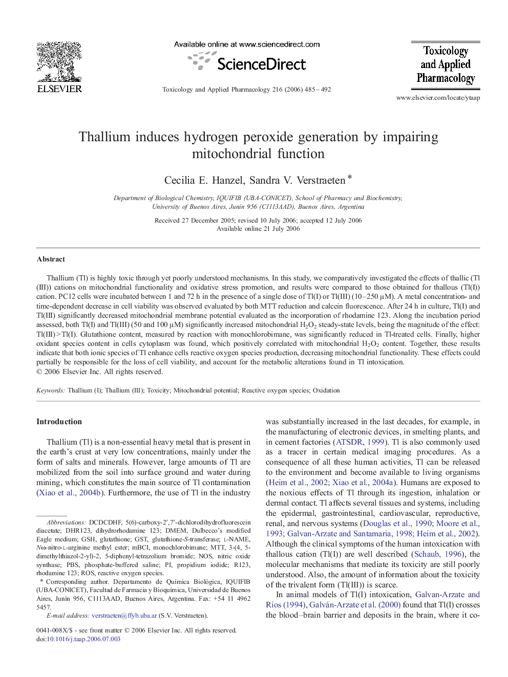 Thallium induces hydrogen peroxide generation by impairing mitochondrial function