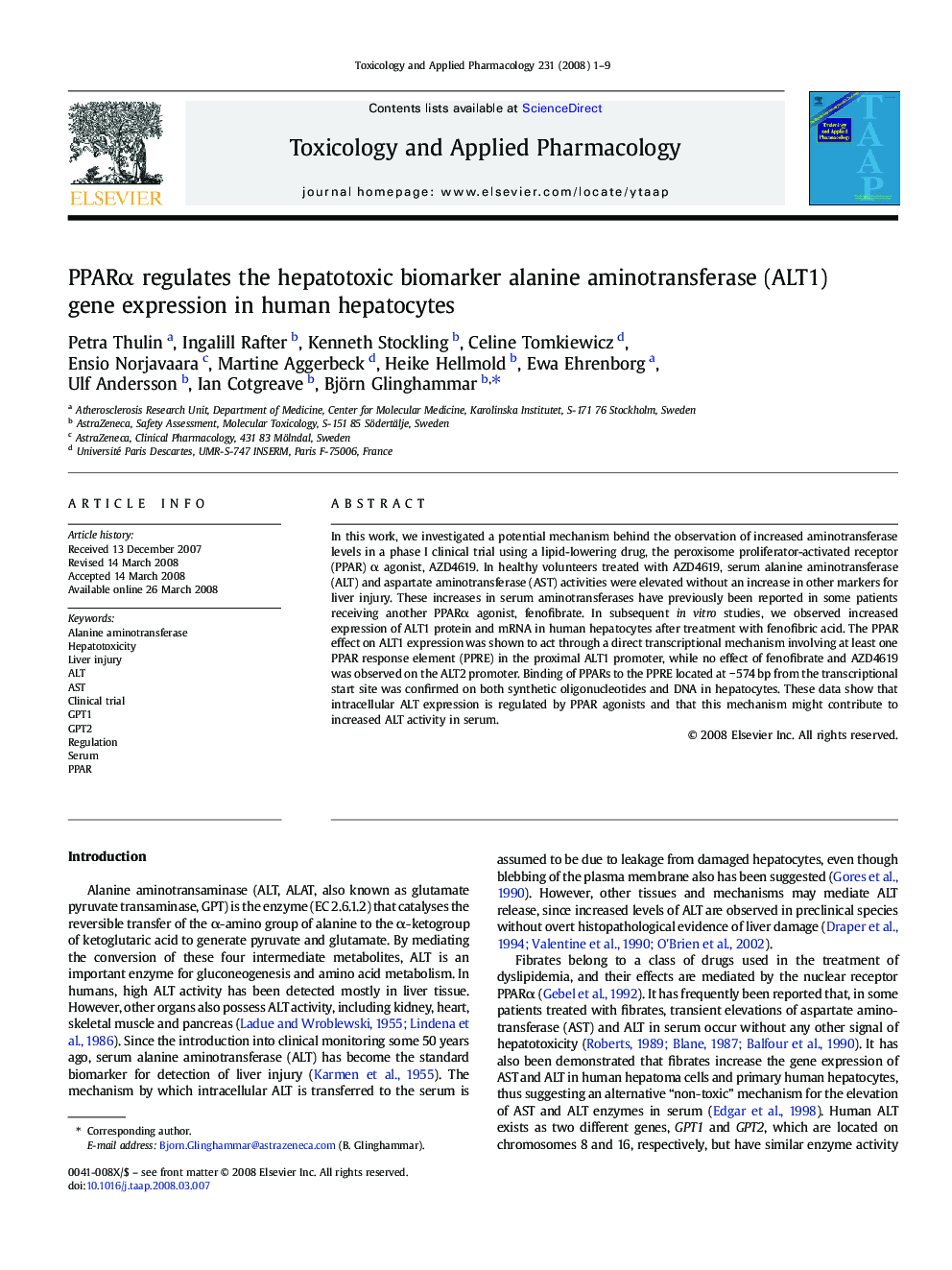 PPARα regulates the hepatotoxic biomarker alanine aminotransferase (ALT1) gene expression in human hepatocytes